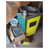 Metal Storage Cabinet with Assorted Household and Decorative Items