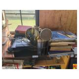 Contents On Shelves:  books, lamp fixtures, Molson flag, digital clock & more