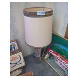 Vintage 1970s Table Lamp Featuring a Brown & White Patterned Ceramic Base & a Cylindrical Fabric Shade with a Decorative Trim