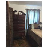 Bed Room Suit: 4 Poster Bed, Tall Boy Chest of Drawers, Dresser with 3 Paneled Mirror & Nightstand