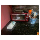 Hamilton Beach Red Toaster Oven With Baking Pan & Kitchen Utensils