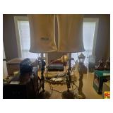 Matching Pair of Table Lamps With Shades and Accent Lamppost