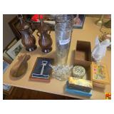 Pair Of Matching Urns, Bar Pitchers, Wood Pineapple Bowl, Nautica Corkscrew Opener, Blown Glass Kissing Lovebirds, Trinket Boxes & Angel Figurine