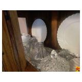 Milk Glass Dinnerware (possibly Johnson Brothers Snowhite Regency) & Crystal Vases And Dishes