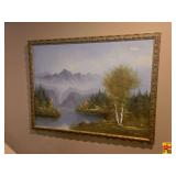 Framed Mountain Cabin By The Lake Print By R. Boren