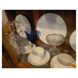 More Pieces Of Dinnerware (possibly Johnson Brothers Snowhite Regency), Clear Glass Stemware, Vintage Crystal Pedestal Compote With Gold Trim, Cobalt Blue Pitcher, Ginger Jar and Stoneware Pitcher Wit