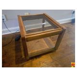 Vintage Wood End Table With Glass Insert Top