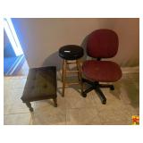 Upholstered Footstool, Padded Bar Stool & Rolling Office Chair