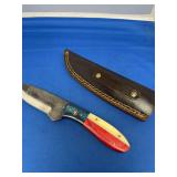 Custom File Blade Fixed Knife with Red, White, and Blue Handle and Leather Sheath