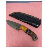 Custom Damascus Fixed Blade Knife with Multi-Material Handle and Leather Sheath