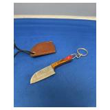 Damascus Steel Mini Knife with Colored Wood Handle and Leather Sheath