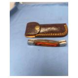 Folding Pocket Knife with Pattern Welded Blade and Leather Sheath