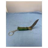 Folding Pocket Knife Keychain with Green Handle and Patterned Blade