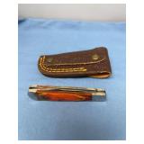 Folding Pocket Knife with Damascus Steel Blade and Leather Sheath