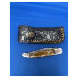 Folding Pocket Knife with Damascus Steel Blade and Wood Handle with Sheath