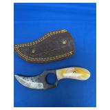 Custom Fixed Blade Knife with Yellow Swirled Handle and Leather Sheath