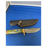 Custom Bowie Knife with Damascus Steel Blade and Multi-Color Wood Handle with Sheath