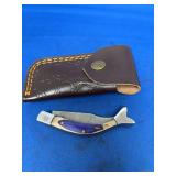 Fish-Shaped Damascus Pocket Knife with Purple Inlay and Leather Sheath