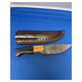 Custom Fixed Blade Knife with Pattern-Welded Damascus Steel Blade and Multi-Material Handle, Includes Leather Sheath