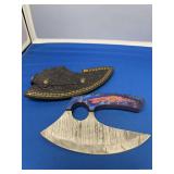 Damascus Steel Fixed Blade Cleaver Knife with Multicolored Handle and Leather Sheath