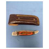 Folding Pocket Knife with Pattern Welded Blade and Leather Sheath