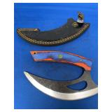 Custom Curved Fixed Blade Knife with Blue and Orange Wood Handle and Leather Sheath
