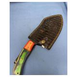 Custom File Cleaver Knife with Multicolored Wood Handle and Faux Alligator Sheath