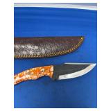 Custom File Knife with Orange and White Confetti Resin Handle and Faux-Alligator Leather Sheath