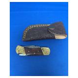 Folding Pocket Knife with Pattern Welded Blade, Wood Handle, and Leather Sheath