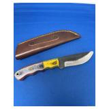 Custom Forged File Blade Knife with Multicolored Wood Handle and Leather Sheath