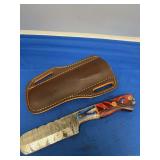 Custom Damascus Steel Cleaver Fixed Blade Knife with Leather Sheath