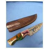 Custom Damascus Fixed Blade Knife with Longhorn Cutout and Leather Sheath