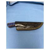 Damascus Steel Fixed Blade Knife with Blue and Orange Handle and Sheath