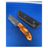 Custom Damascus Fixed Blade Knife with Swirled Amber Handle and Leather Sheath