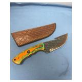 Custom Fixed Blade Gut Hook Knife with Orange and Green Layered Handle and Leather Sheath
