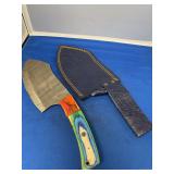 Damascus Steel Cleaver Knife with Multicolor Wood Handle and Leather Sheath