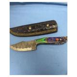Damascus Steel Fixed Blade Knife with Multicolored Handle and Leather Sheath