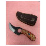 Custom Fixed Blade Push Knife with Decorative Wood Handle and Leather Sheath