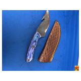 Custom File Blade Gut Hook Knife with Purple Stabilized Wood Handle and Leather Sheath