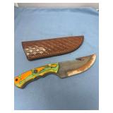 Custom File Blade Fixed Knife with Gut Hook and Leather Sheath