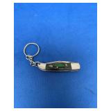Mini Folding Pocket Knife Keychain with Pattern Welded Blade and Green Handle Scales