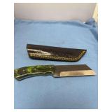 Custom Handcrafted File Knife with Swirled Green Acrylic Handle and Leather Sheath