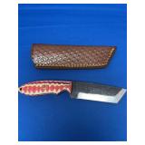 Custom File Blade Fixed Knife with Multi-Color Layered Handle and Leather Sheath