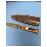 Damascus Steel Fixed Blade Knife with Multicolored Handle and Leather Sheath