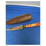 Damascus Steel Fixed Blade Knife with Multicolored Wood Handle and Leather Sheath