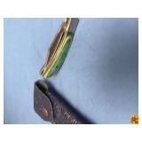 Folding Pocket Knife with Damascus Steel Blade and Colored Wood Handle with Sheath