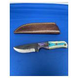 Custom File Blade Fixed Knife with Multi-Color Wood Handle and Leather Sheath