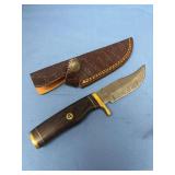 Damascus Steel Fixed Blade Knife with Wood Handle and Leather Sheath