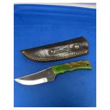 Custom Handcrafted File Knife with Swirled Green Handle and Leather Sheath