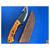 Custom File Blade Gut Hook Knife with Wood Handle and Leather Sheath